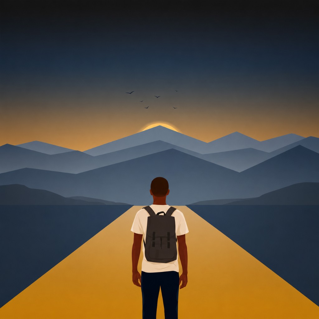 Jeune voyageur au début d'un chemin vers l'horizon